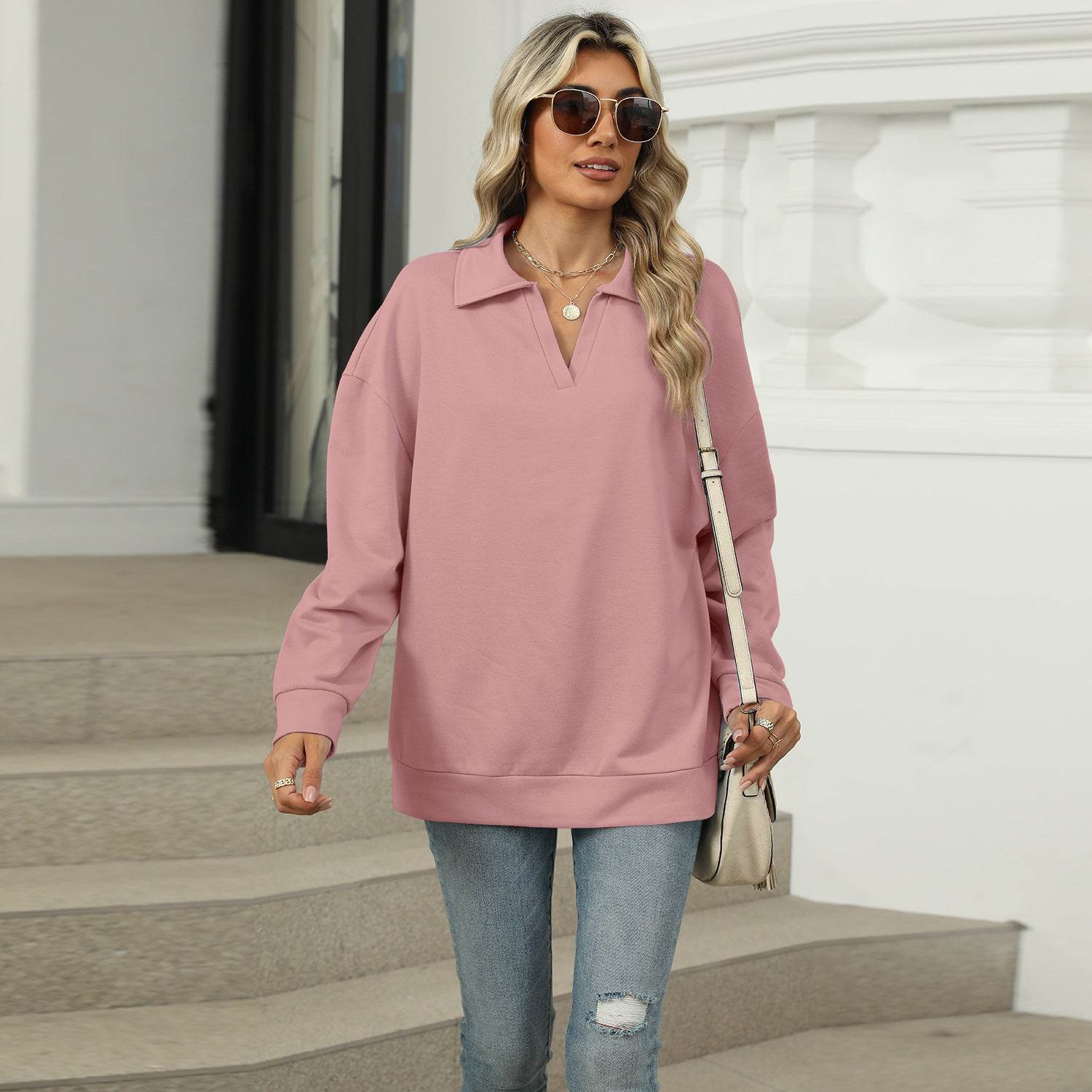Solid Color Polo Collar Loose Long Sleeve Sweatershirt Coat - Velora