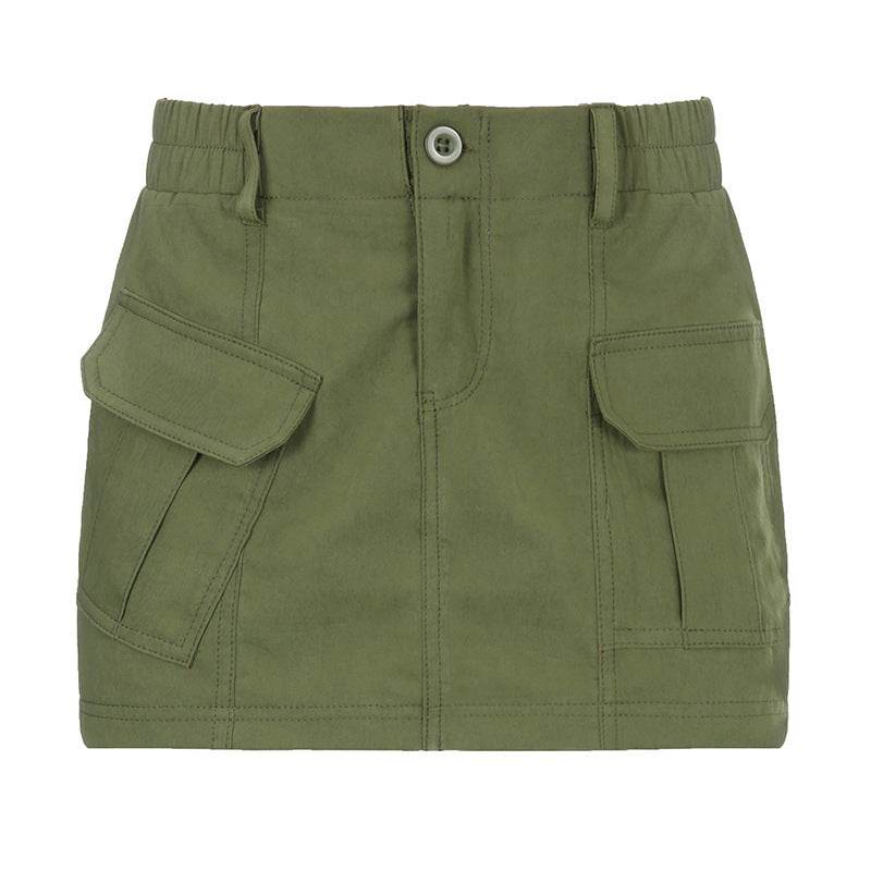 Simple Tooling Style Pocket Army Green Woven Hot Girl A- Line Mini Hip Cargo Skirt Summer - Velora