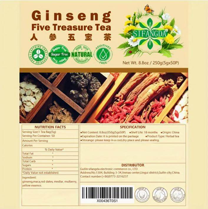 8.81 Oz Five Treasures Ginseng Tea - 250g, 50 Pieces, 5g - Velora