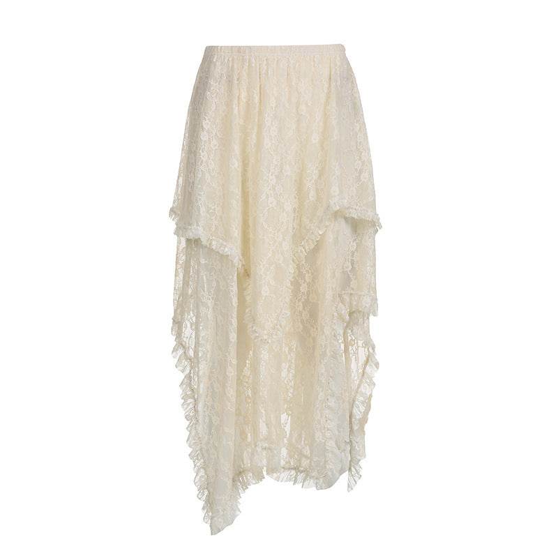 Fashionable Retro Trendy Irregular Midi Lace Skirt - Velora