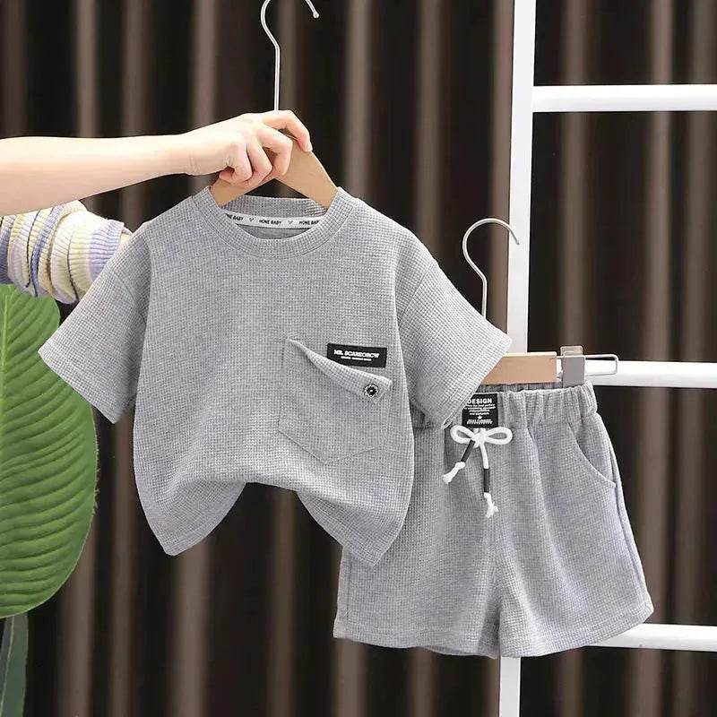 Children's Summer Clothing Casual Plain color Cotton Short Sleeve shirt and Short pant Two-piece Set - Velora