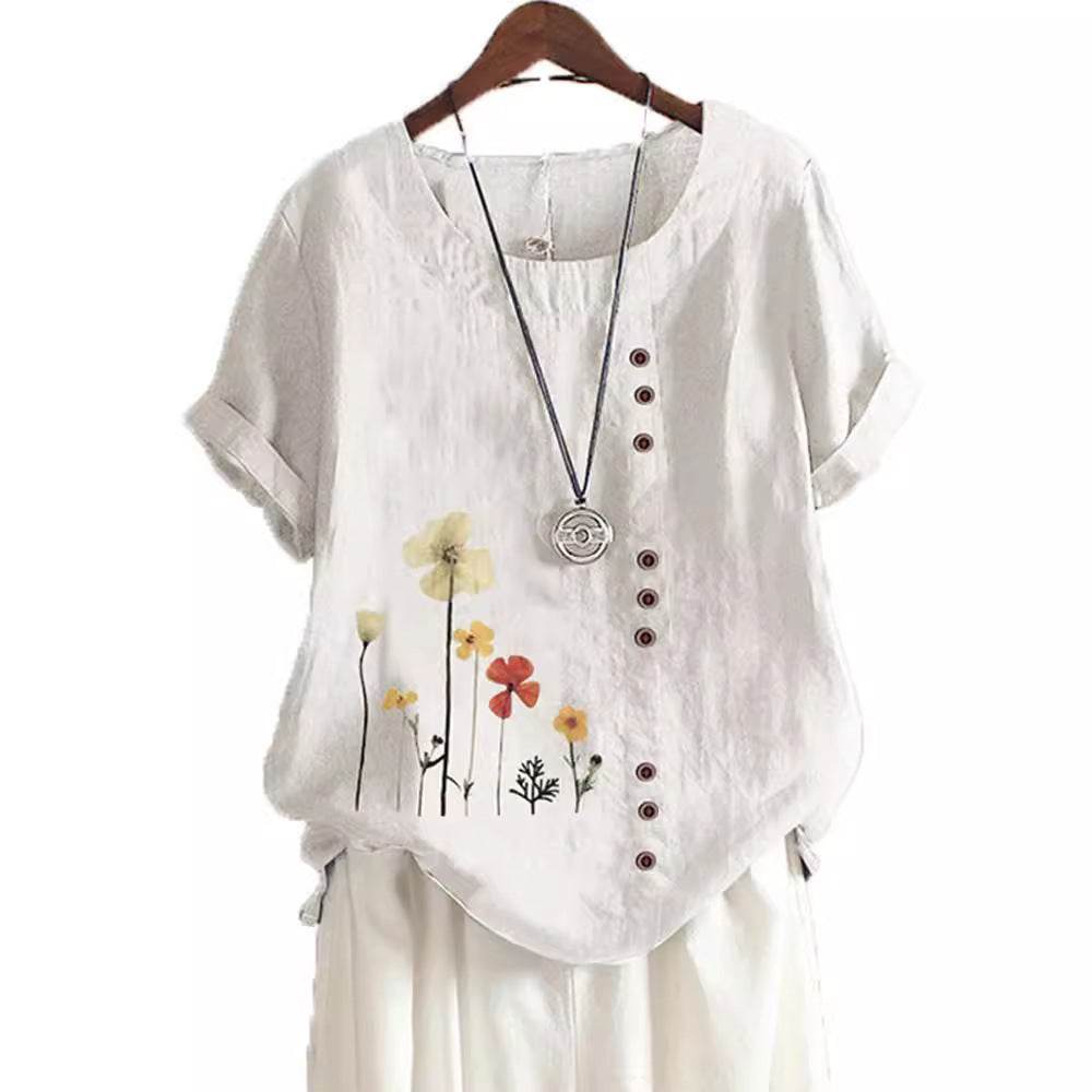 Casual Summer Beach Cotton And Linen Printed Elegant Short Sleeve blouse Top Women - Velora