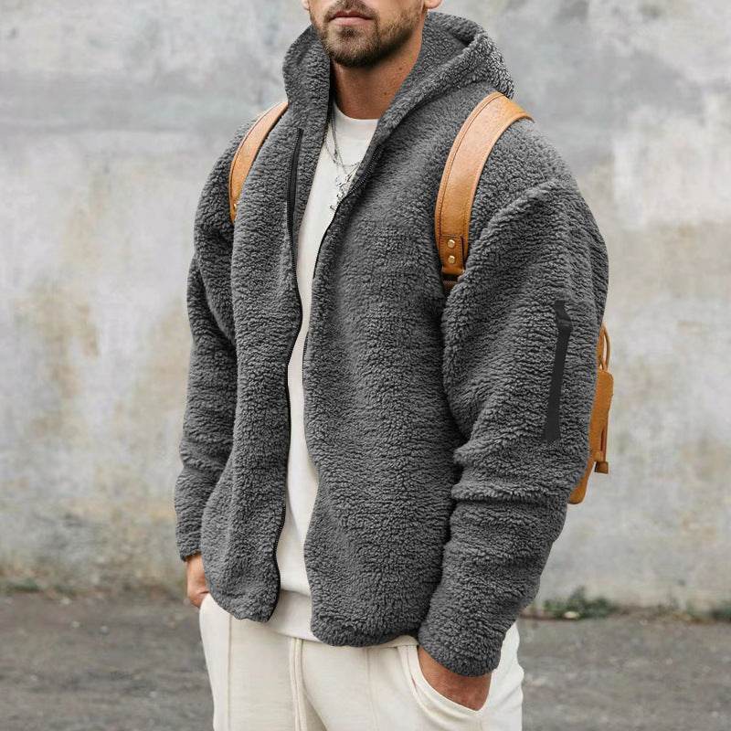 Plush Hooded Jacket Men's Autumn And Winter Fleece Double-sided Wear Warm Coat With Zipper Loose Casual Jacket Outdoor Clothing - Velora