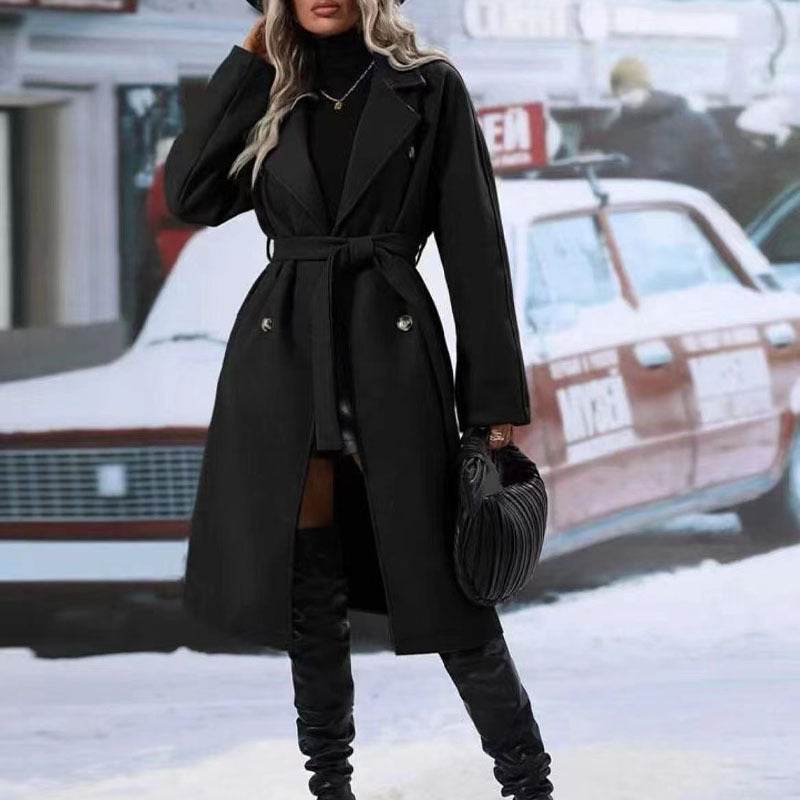 Lapel Double-breasted Trench Coat With Belt Winter Fashion Solid Color Long Jacket Outwear Women Clothing - Velora