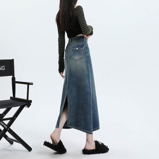 High Waisted Denim Skirt Long Cotton Solid Style - Velora