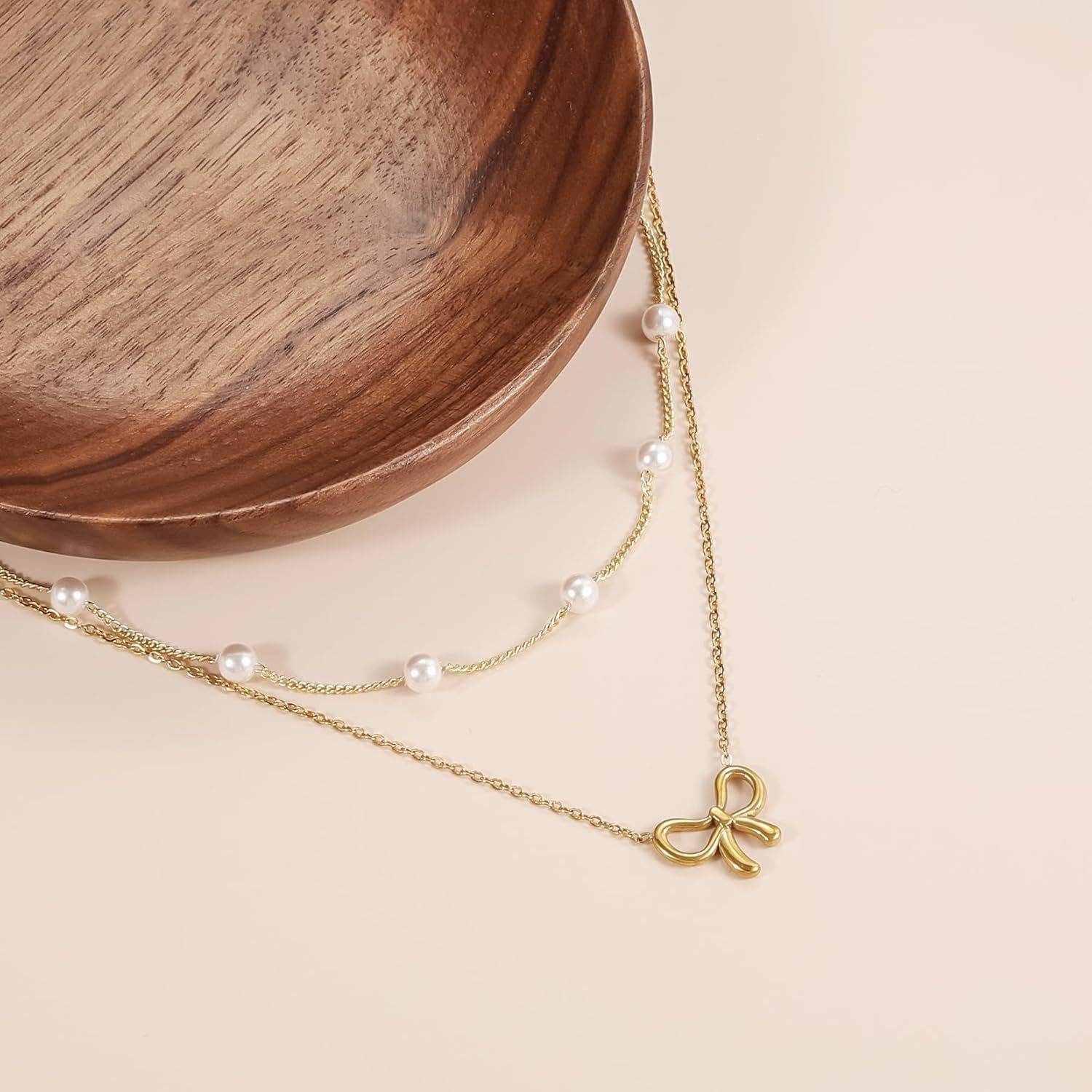 Simple Pearl Double Layer Choker Fashion Gold Color Necklaces Chain Small Bow Pendant Necklace Jewelry Gifts For Women Fashion Jewelry Valentine's Day Gifts - Velora