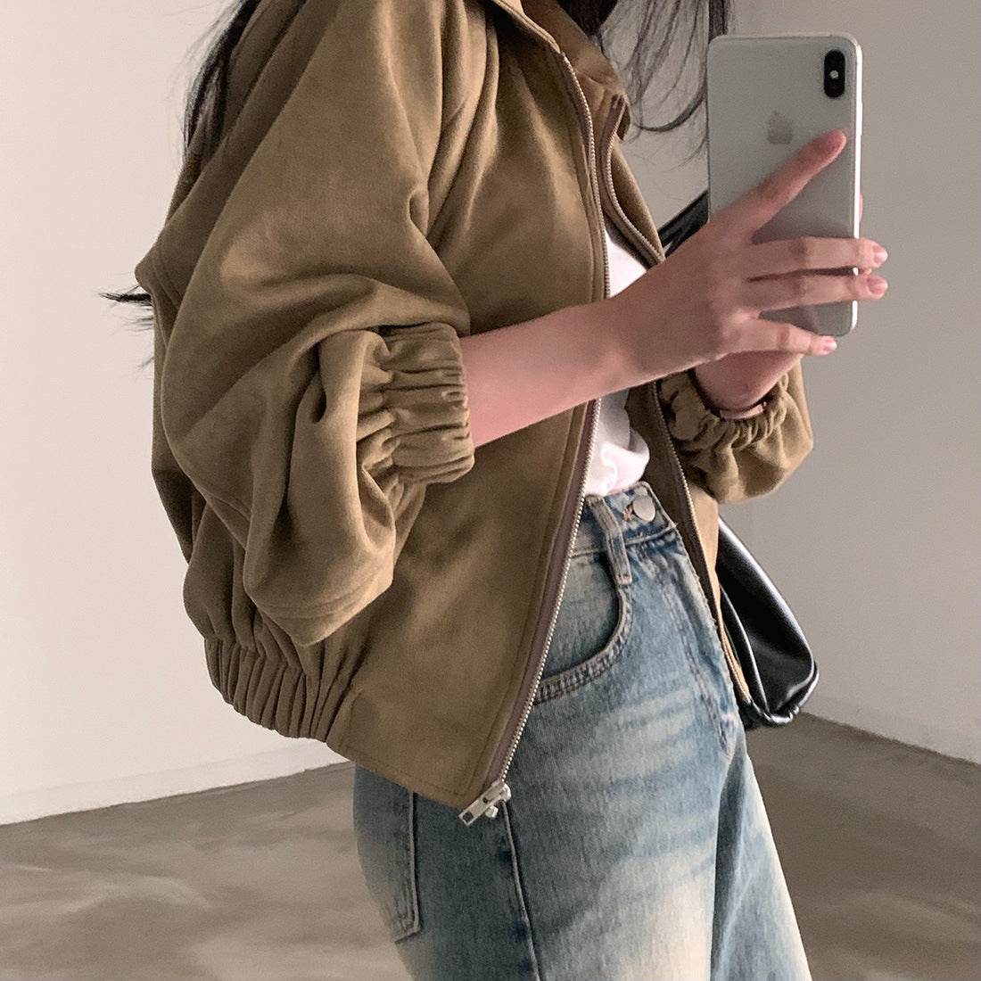French Vintage Lapel Zip-up Suede Feeling Loose With Long Sleeves Short - Velora