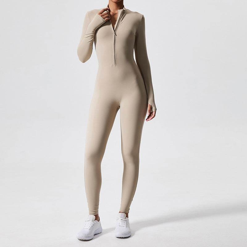 Athleisure Bodycon Long Sleeve Turtleneck Zip up Hip Raise Workout Yoga Jumpsuit Activewear for Women - Velora