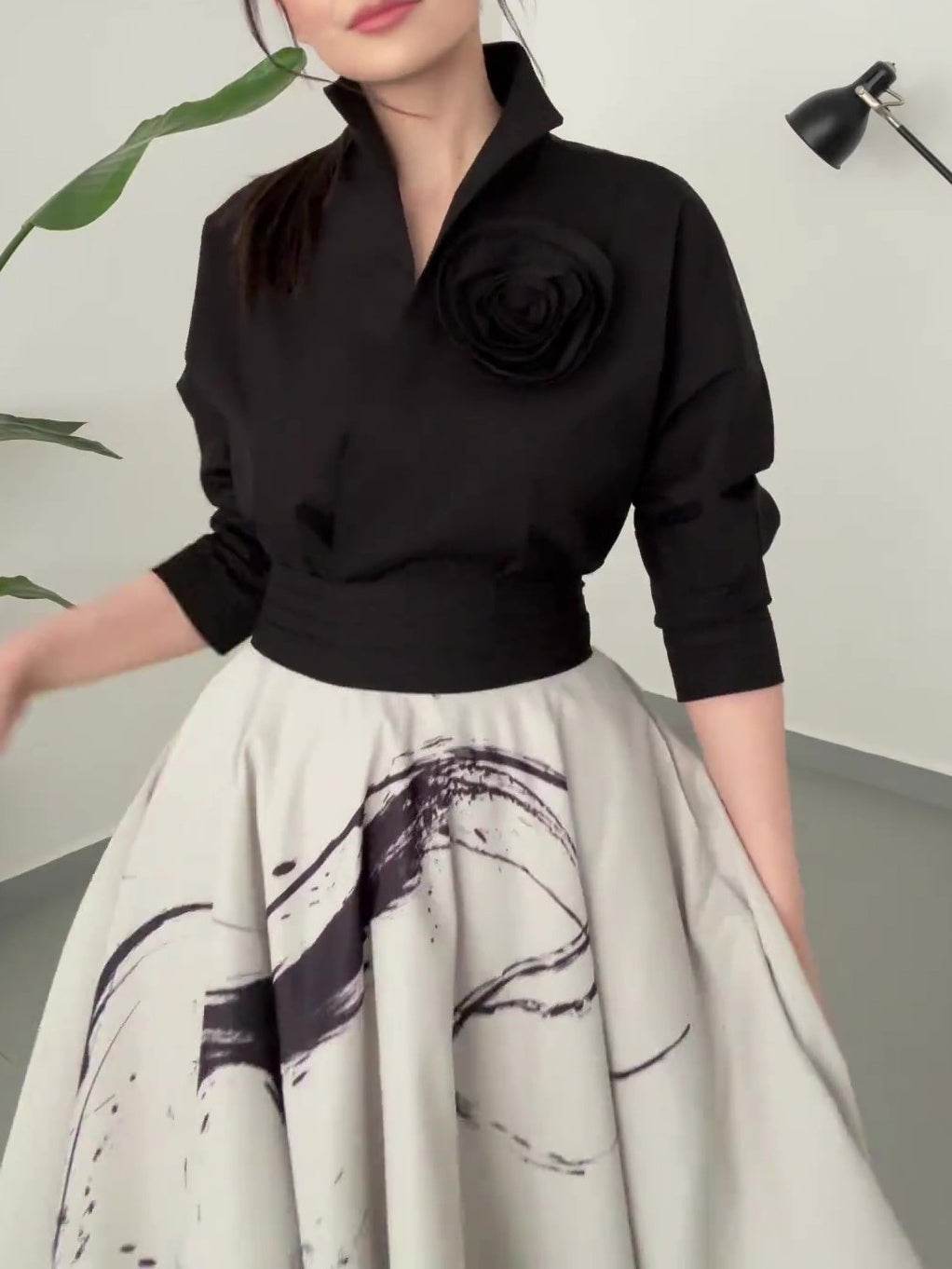 Black Floral Long Sleeve Tie Shirt - Velora