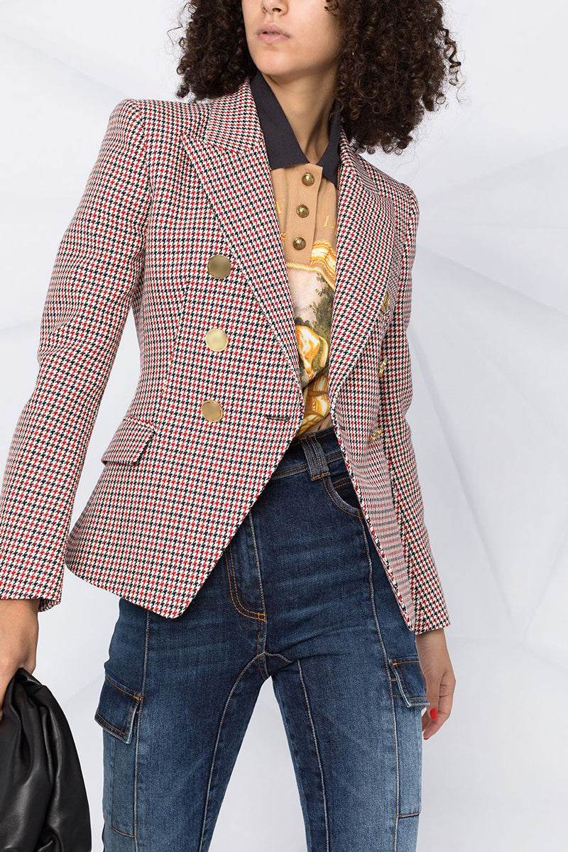 Houndstooth Small Jacket Women Long-Sleeved Double-Breasted Plaid Blazer - Velora