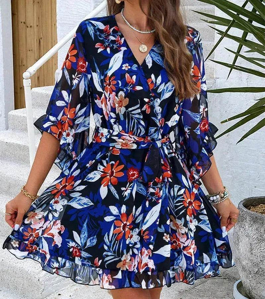 Casual Summer Chiffon Floral Print Short Sleeves Dress Lace Up Ruffles Design Fashion V-neck Short Mini Dresses Womens Clothing - Velora