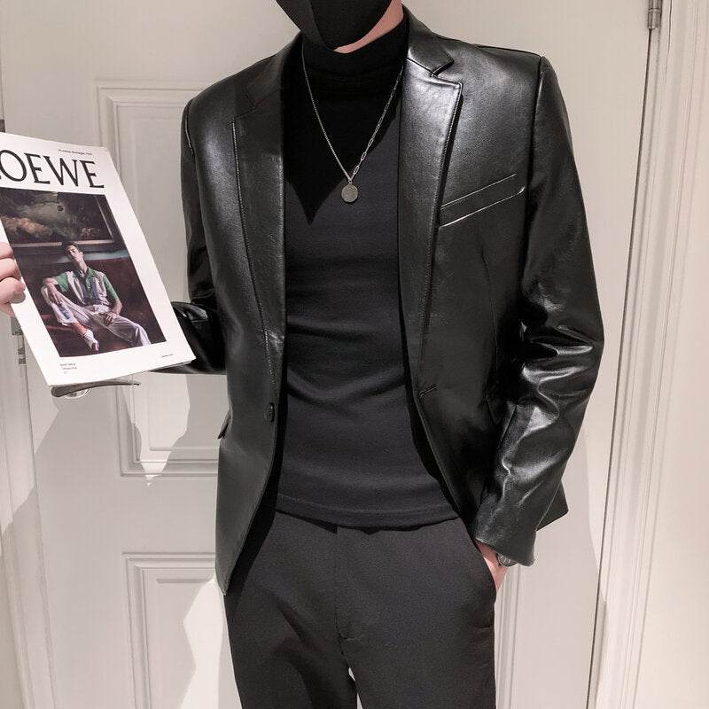 New Polo Collar Solid Color Leather Jacket Korean Slim PU Leather Jacket Jacket Men - Velora