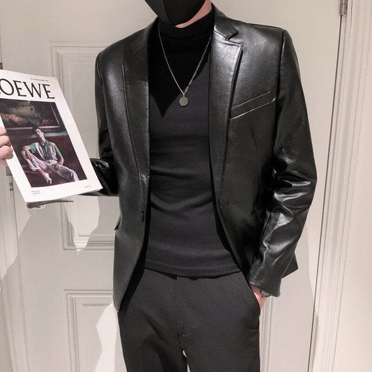 New Polo Collar Solid Color Leather Jacket Korean Slim PU Leather Jacket Jacket Men - Velora