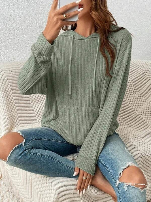 Fashion Drawstring Long-sleeved Hooded Sweatshirt With Pockets Solid Sunken Stripe Hoodie Knitwear Womens Clothing - Velora