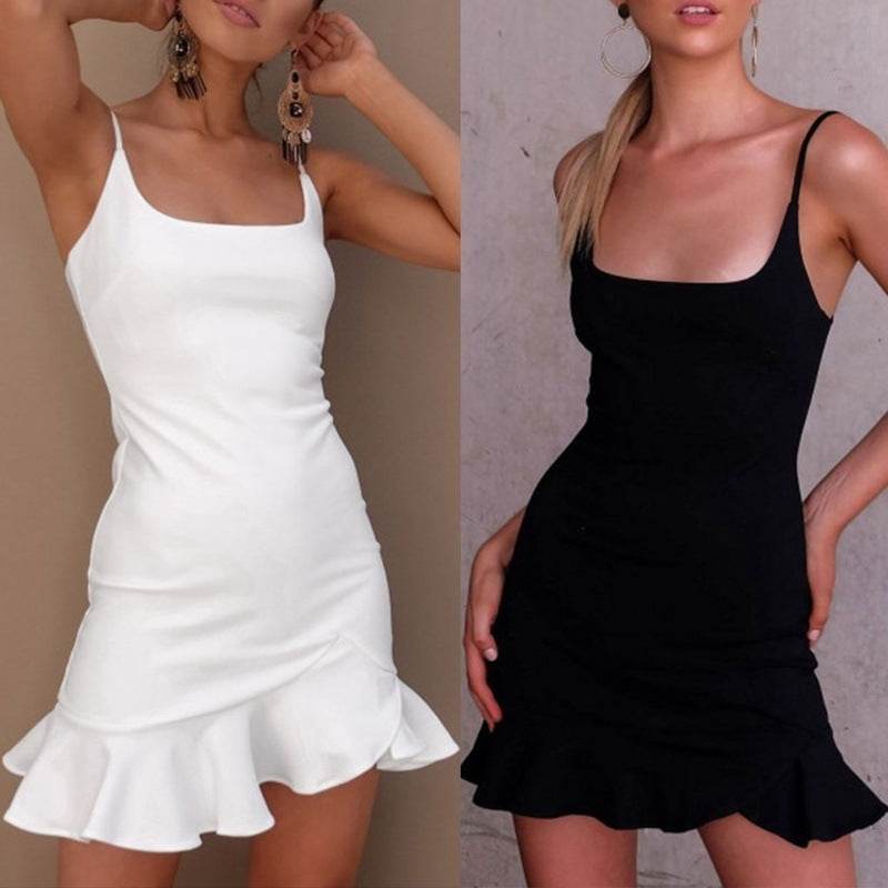 New Ruffles Trumpet Dress Women Sleeveless Spaghetti Strap Slim Summer Dress Party Short Dresses Vestidos - Velora