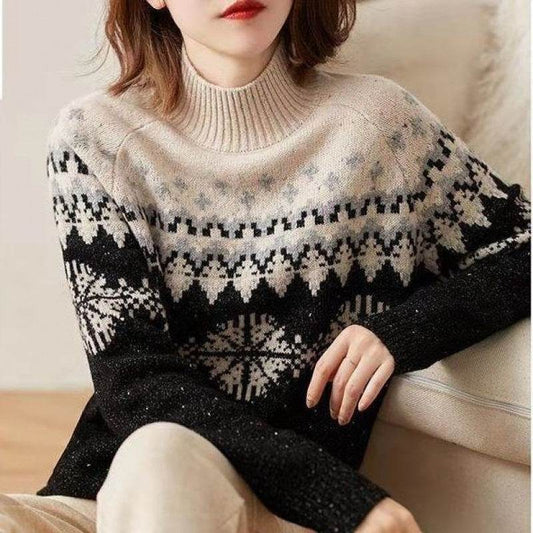 Autumn And Winter Spring New Half Turtleneck Knitted Snowflake Retro Loose Sweater - Velora