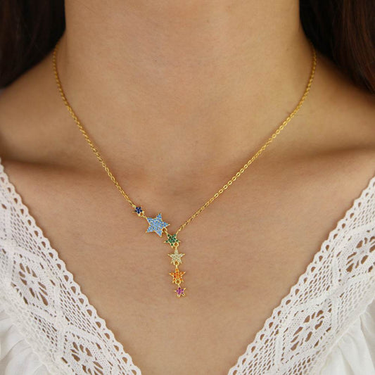Colorful Zircon Inlaid Five-pointed Star Pendant Necklace - Velora