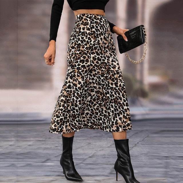 Women's A- Line Umbrella Skirt High Waist Leopard Print Midi sheath Skirt - Velora