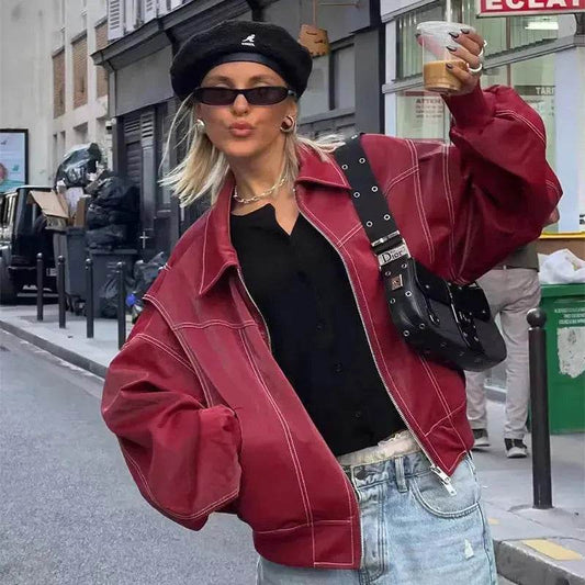 Oversized Fashion Zip-up Lapel Leather Jacket for women - Velora