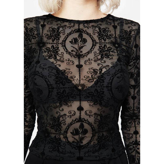 Elegant Slim-fit Tulip Flocking transparent lace top bodycon top women - Velora