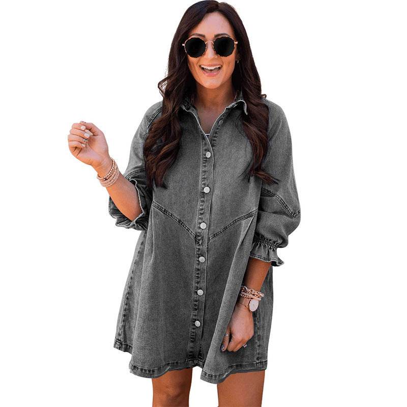 Three-quarter Sleeve Denim Dress Women's Casual Ruffles - Velora