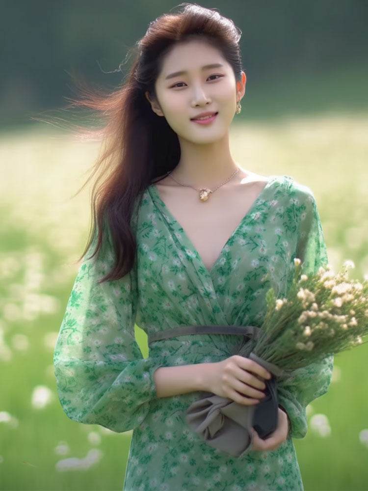 Holiday Green Floral Ladies Dress Sophisticated - Velora