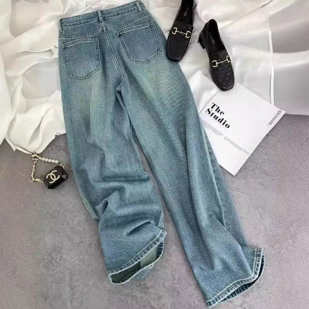 Starry Diamond In The Debris Rhinestone Straight Baggy Jeans Pant For Women - Velora