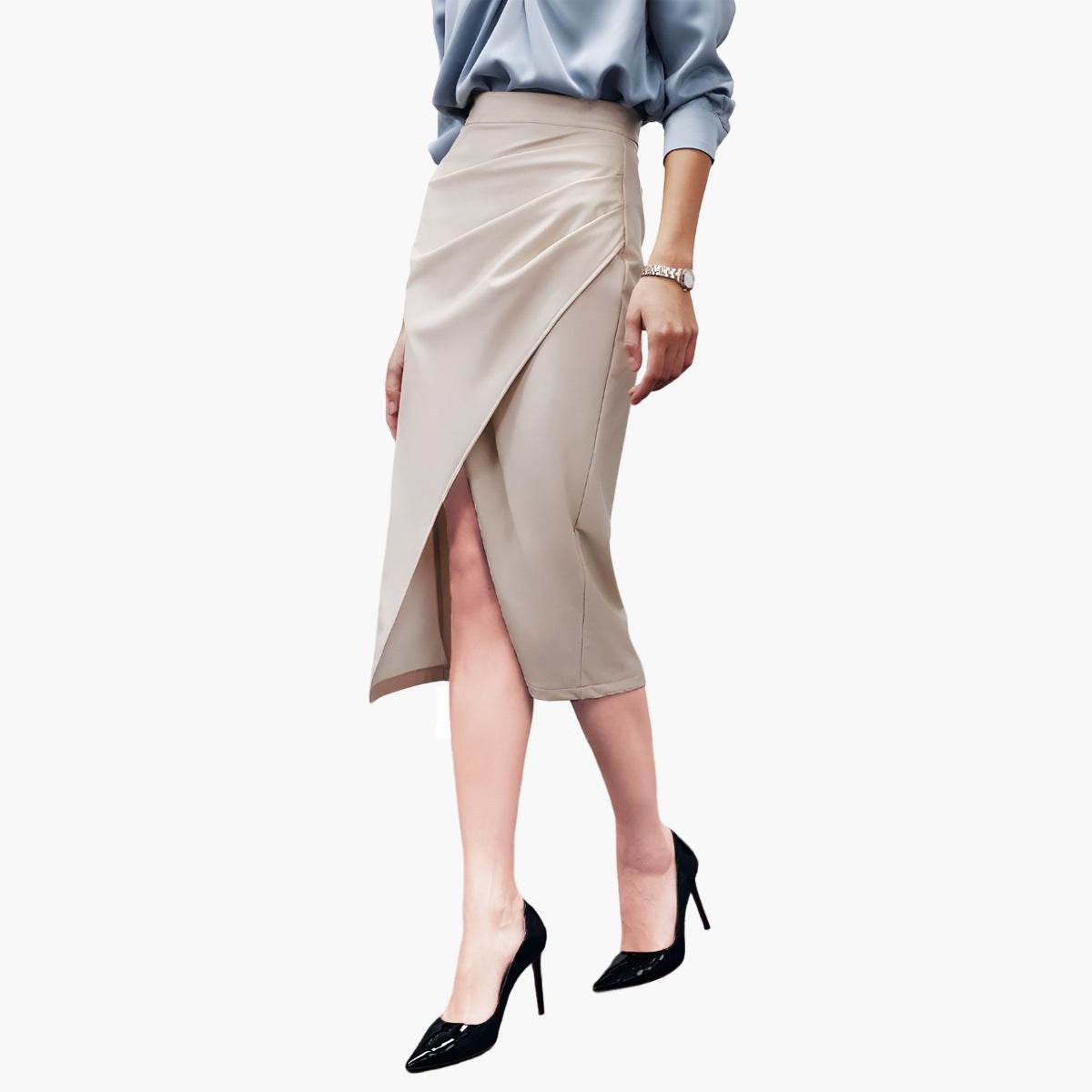 Women Formal Work Office Business High Waist Front Slit Midi Leather Skirt - Velora
