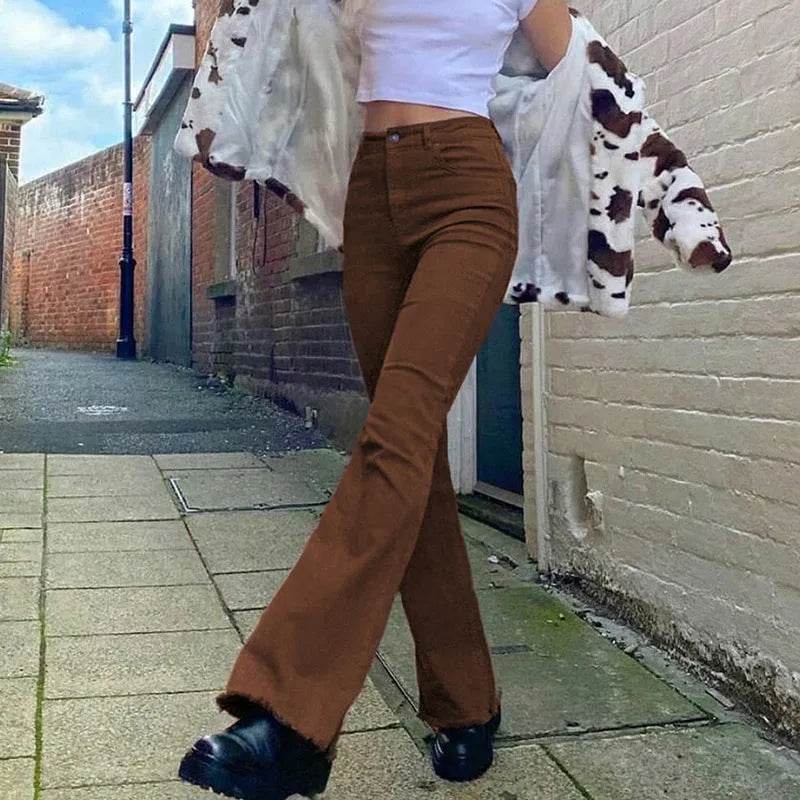 Brown High Waist Stretch Bootcut Jeans Women Casual Pants - Velora