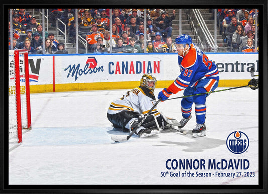 Connor McDavid 20x29 Framed Canvas Oilers 50th Goal Frameworth Sports Marketing