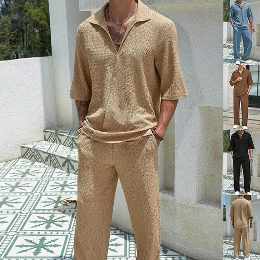 Commuter Suits Summer Short-sleeved Top And Loose Straight Trousers Casual Outfits Outdoor Mens Clothing - Velora