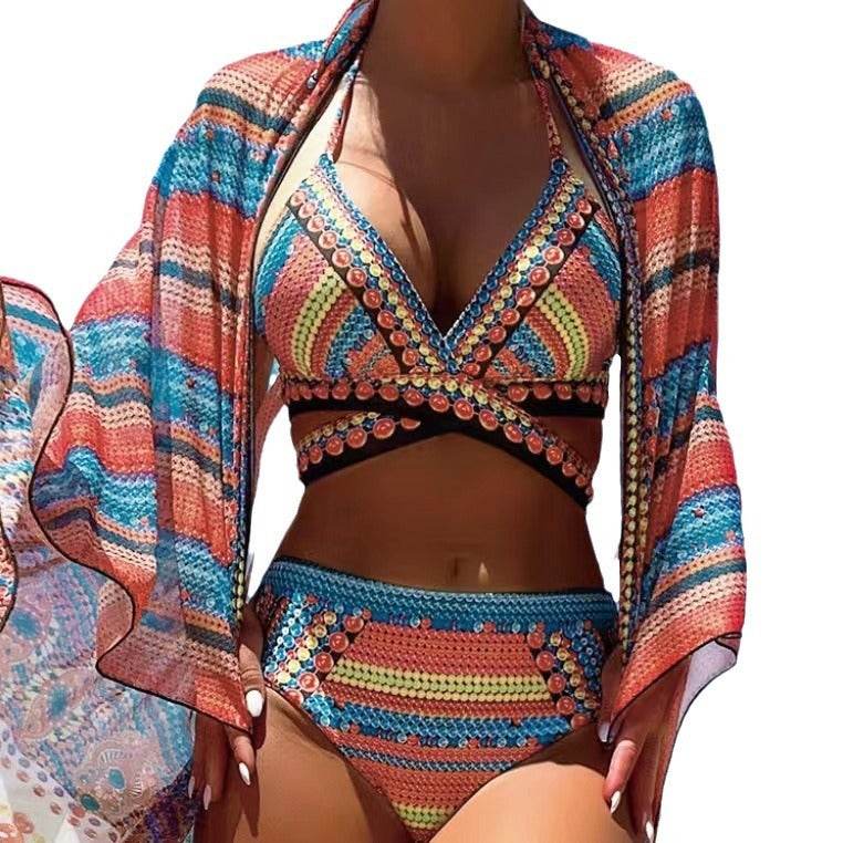 Women's Split Cross Strap Retro Ethnic Style Swimsuit - Velora