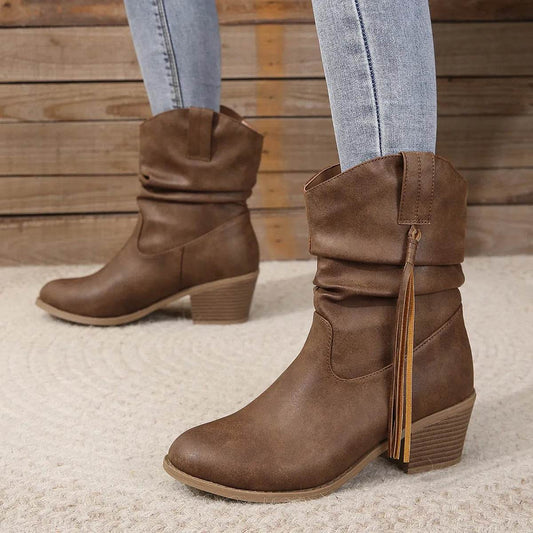 Retro Tassel Boots Winter Thick Square Heel Mid-calf Knight Western Boots Woman Fashion Shoes - Velora