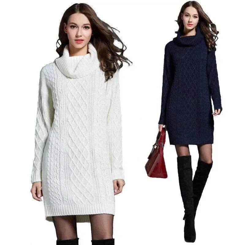 New Autumn Winter Solid Knitted Oversized Mini Turtleneck Sweater Dress - Velora