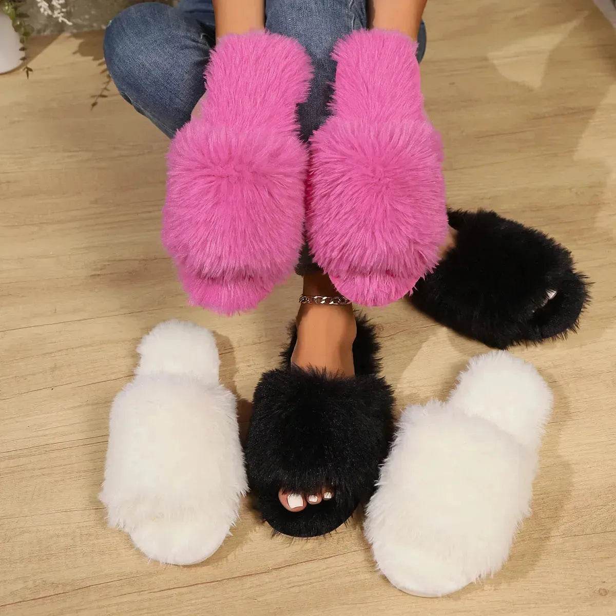 Fashion Open-toed Plush Slippers Winter Warm Indoor Bedroom Floor Soft Fluffy Slipper For Couple Solid Color House Shoes Women - Velora