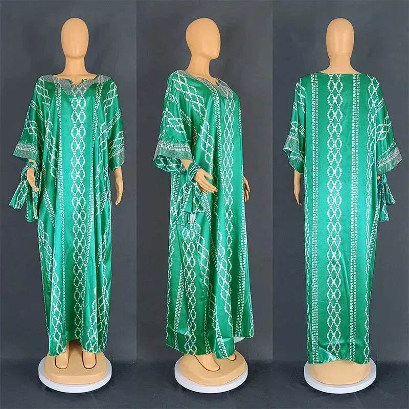 Middle East Striped Loose Robe African Dubai Arabic Satin Hot Drilling Stitching Abaya Buba Dress - Velora