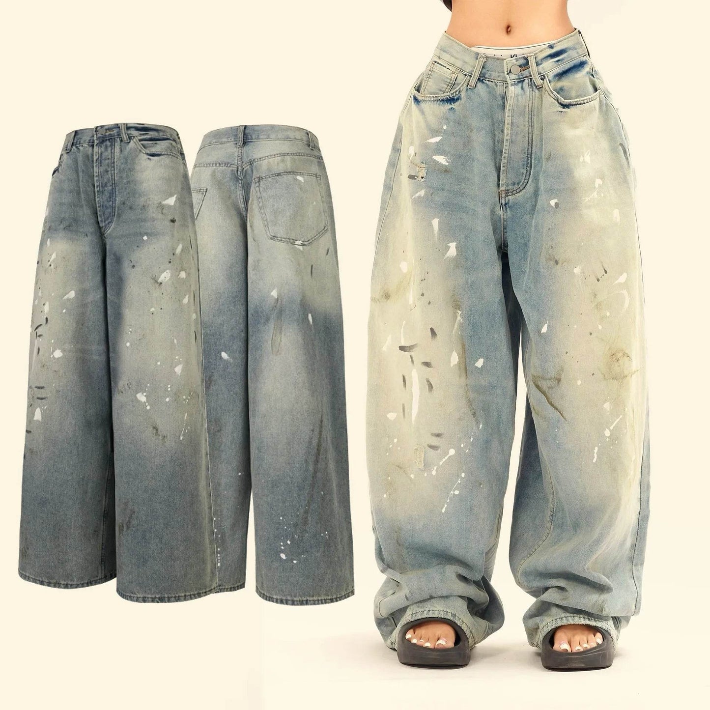Washed Distressed Casual Loose Wide-leg Baggy Jeans Pant Splash-ink Design Slimming Unisex Style Mop Pants Men And Women - Velora