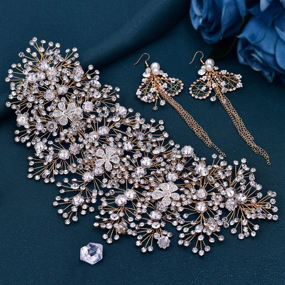 Luxury and Elegant Bridal Flower Rhinestone Headband Fashion Accessories set - Velora