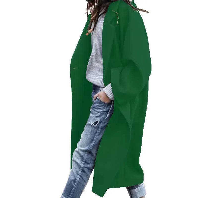Lapel Single Breasted Women Winter Solid Woolen Trench Coat Long Jacket - Velora