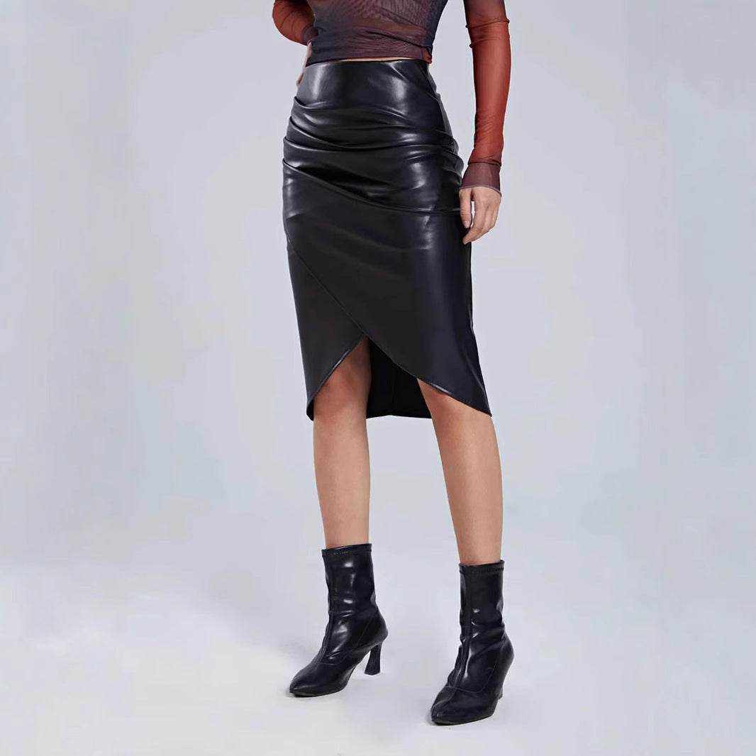 Front Split Leather Skirt Formal Office Work High Waist Sheath midi black Skirt - Velora