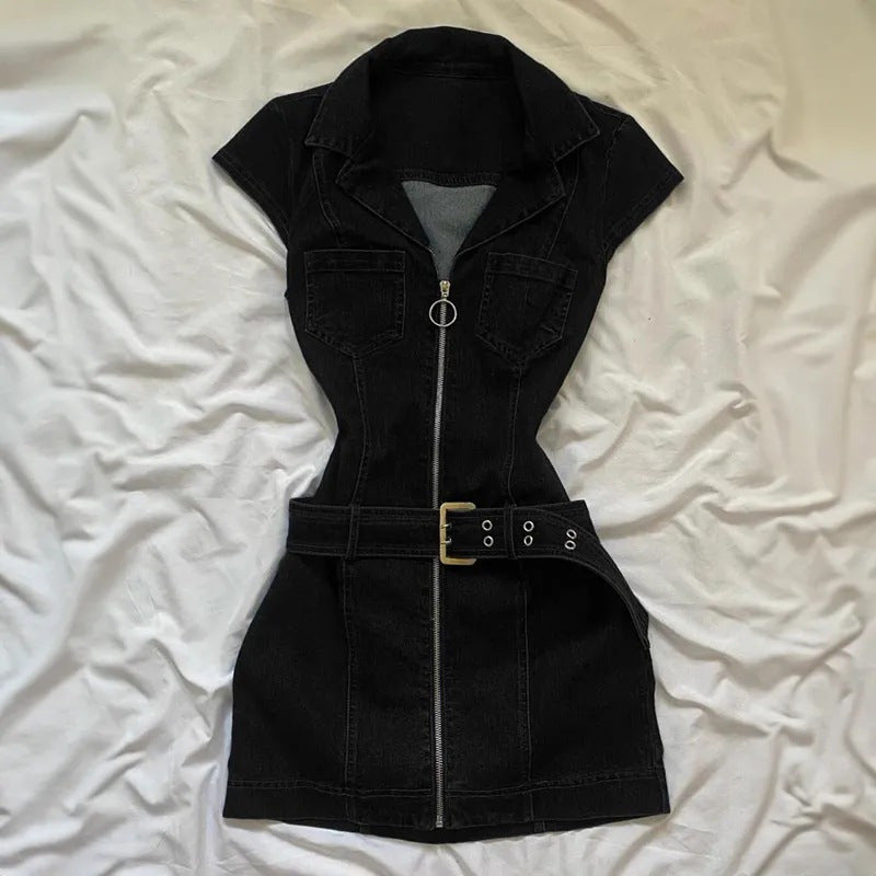 Women's Short Sleeve Bodycon Denim Mini Dress – Zip Front