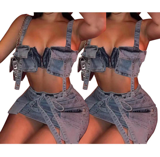 New Denim Strapless Dress Suit Hot Girl Short - Velora