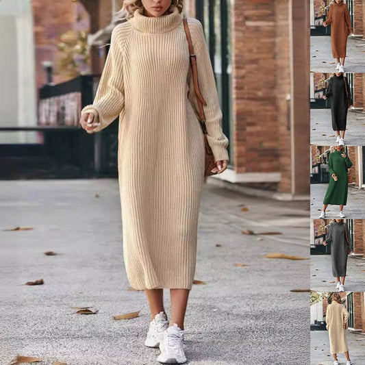 Winter Turtleneck Knitted Sweater Dress Fashion Solid Loose Pullover Long Dresses For Women Clothing - Velora