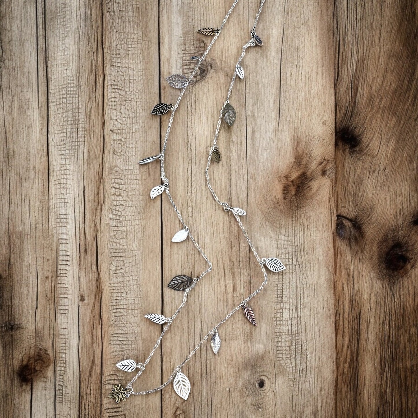 Waterfall Leaf Necklace – Long Layering Chain with Cascading Silver & Mixed Metal Leaves - Velora