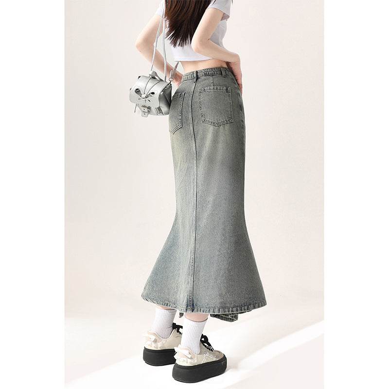 Irregular Half-length Split Denim long Skirt - Velora