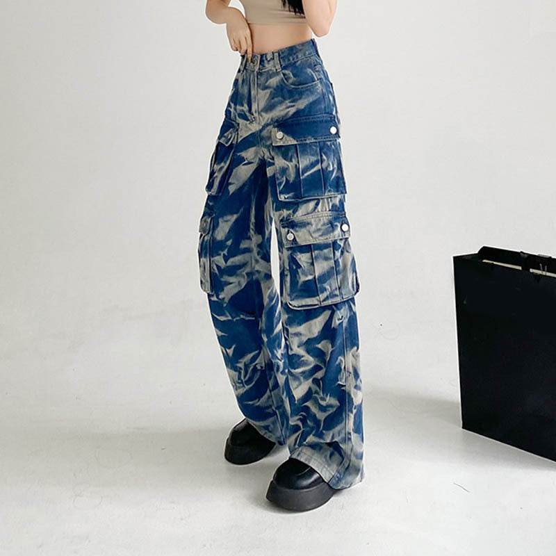 New Tie-dye Baggy CargoTrousers With Pockets Y2K Fashion High Waist Loose Wide Leg Pants Spring And Autumn - Velora