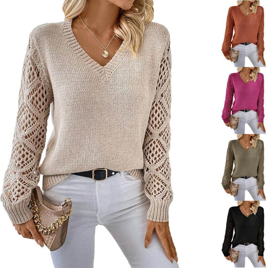 Solid V-neck Pullover Sweater With Hollow Long Sleeve Fashion Tops For Women Clothing - Velora