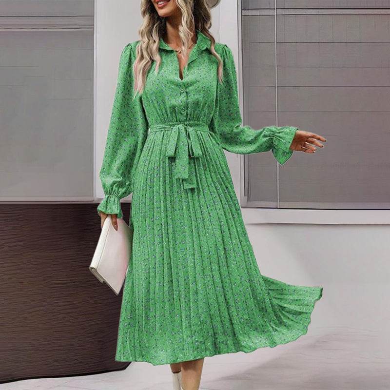 Women's Long Sleeve Midi Dress V Neck Button Down Belted A-Line Flowy - Velora