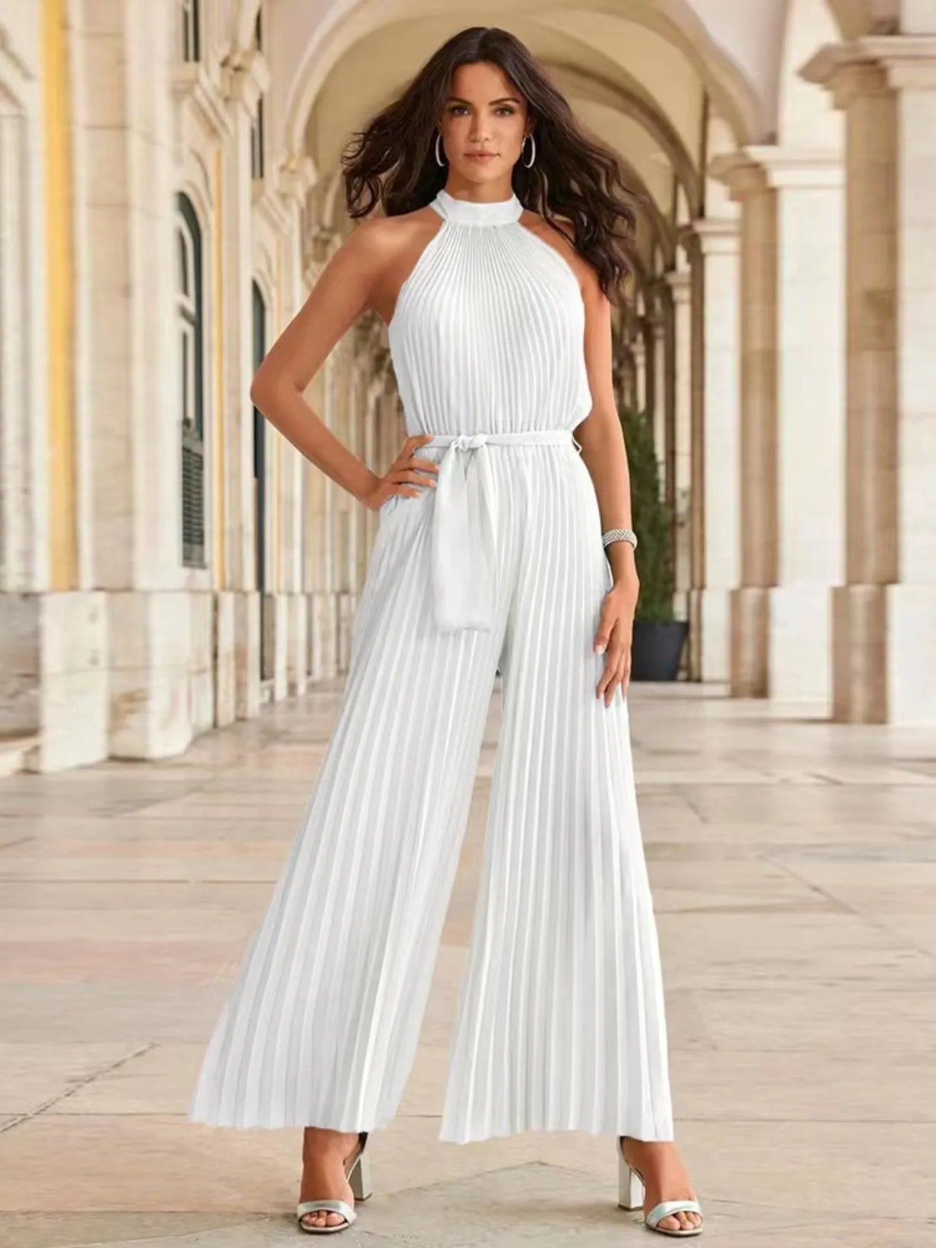Pleated Sleeveless Wide Leg Jumpsuit - Velora