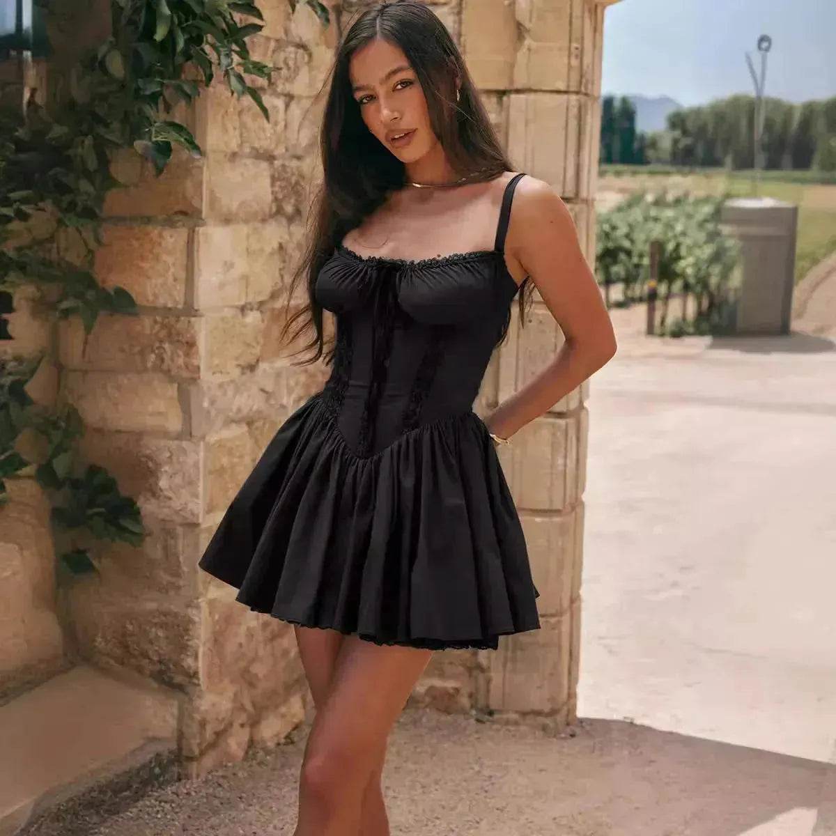 Elegant Chic Women Suspender Mini Skater Dress Summer Fashion Lace-up Slim Waist Pleated Short Dresses For Evening Party Cocktail Occasions - Velora